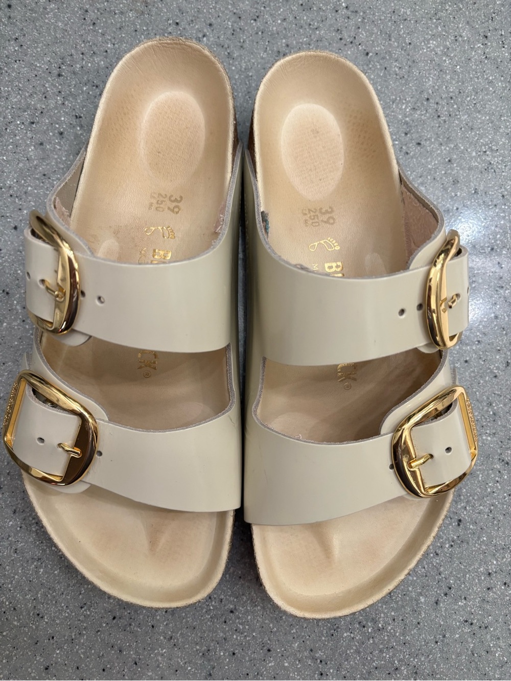 Birkenstock Cream Double-Strap Sandals with Gold Big Buckles